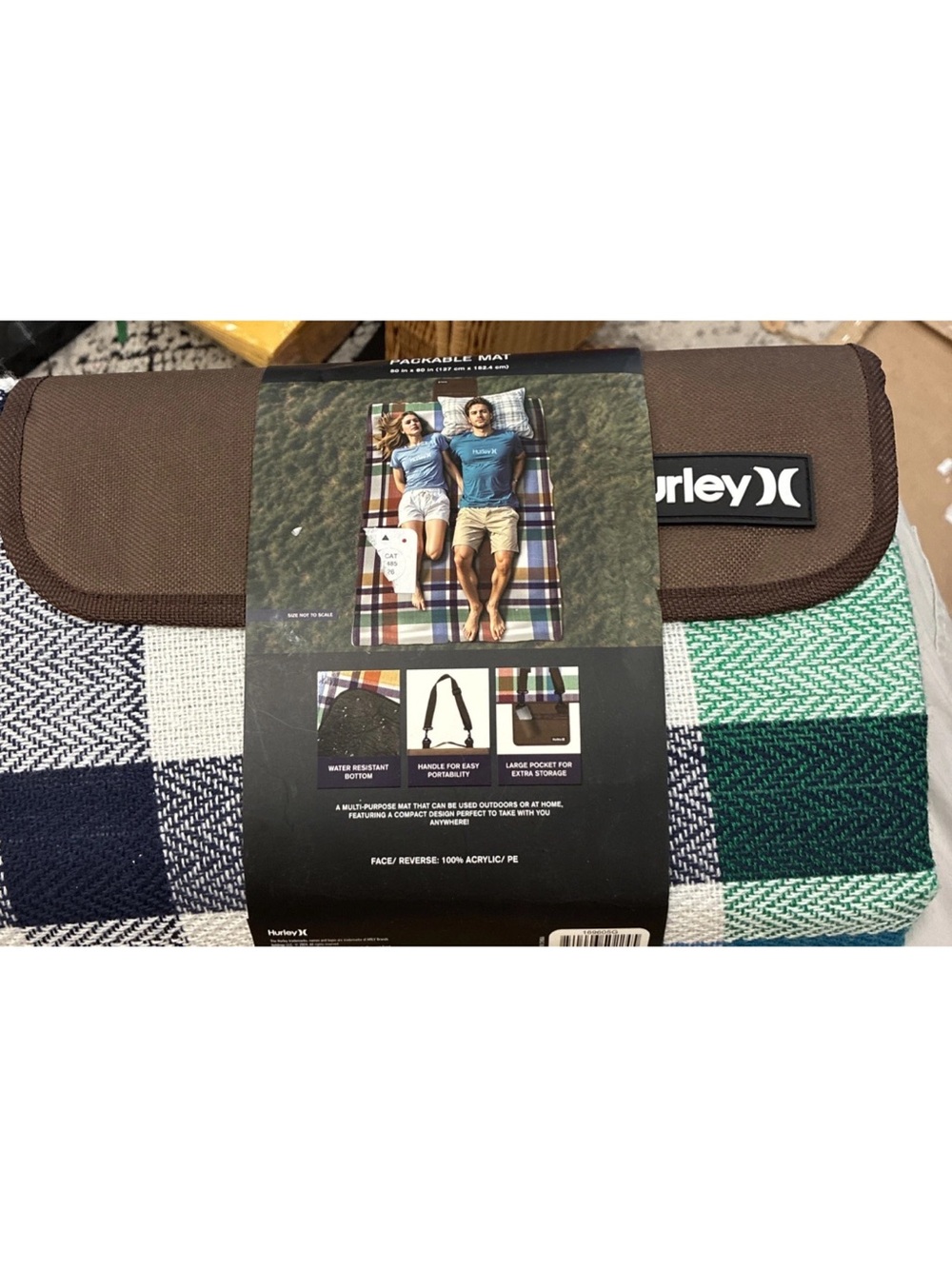 Hurley Green, Teal, Navy Plaid Packable Outdoor Mat
